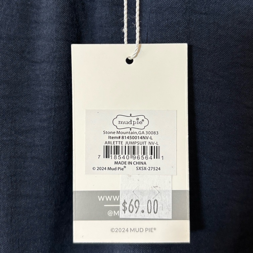 NWT Mud Pie Navy Arlette Wide-Leg Tie-Waist Jumpsuit Women Size Large - Picture 5 of 13